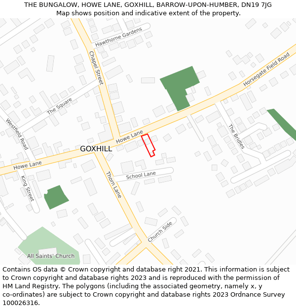 THE BUNGALOW, HOWE LANE, GOXHILL, BARROW-UPON-HUMBER, DN19 7JG: Location map and indicative extent of plot