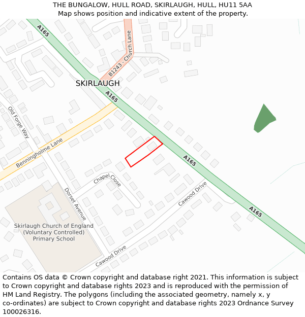 THE BUNGALOW, HULL ROAD, SKIRLAUGH, HULL, HU11 5AA: Location map and indicative extent of plot