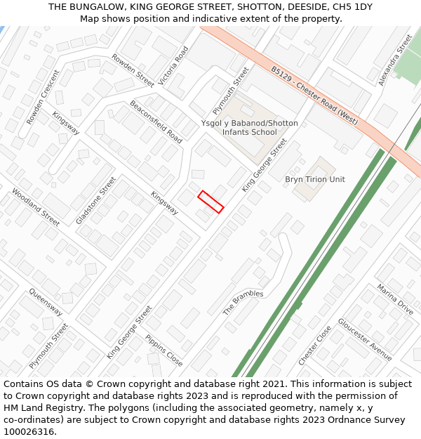 THE BUNGALOW, KING GEORGE STREET, SHOTTON, DEESIDE, CH5 1DY: Location map and indicative extent of plot