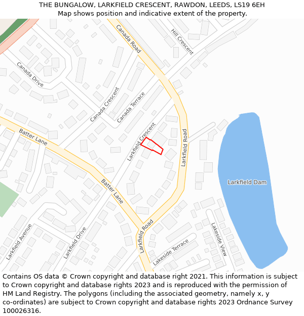THE BUNGALOW, LARKFIELD CRESCENT, RAWDON, LEEDS, LS19 6EH: Location map and indicative extent of plot