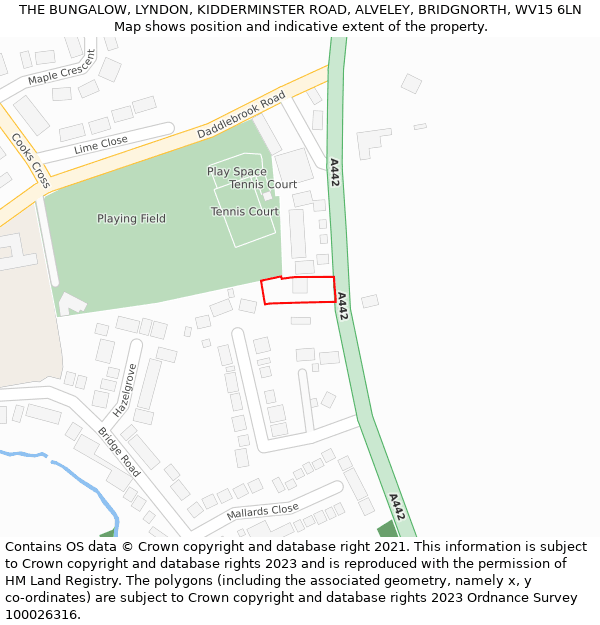 THE BUNGALOW, LYNDON, KIDDERMINSTER ROAD, ALVELEY, BRIDGNORTH, WV15 6LN: Location map and indicative extent of plot