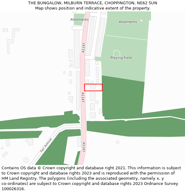 THE BUNGALOW, MILBURN TERRACE, CHOPPINGTON, NE62 5UN: Location map and indicative extent of plot