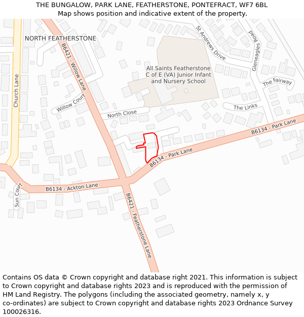 THE BUNGALOW, PARK LANE, FEATHERSTONE, PONTEFRACT, WF7 6BL: Location map and indicative extent of plot