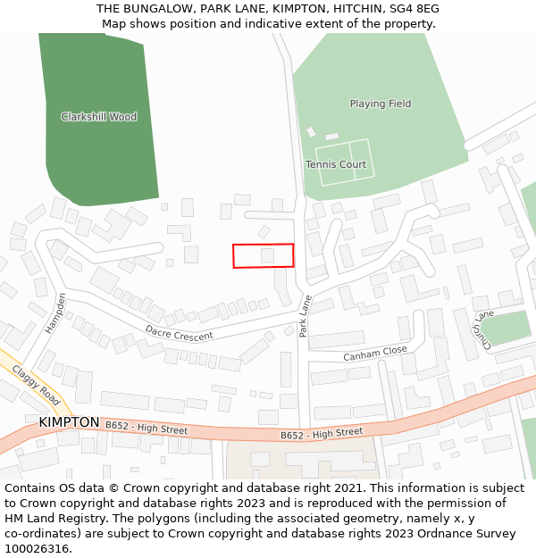 THE BUNGALOW, PARK LANE, KIMPTON, HITCHIN, SG4 8EG: Location map and indicative extent of plot
