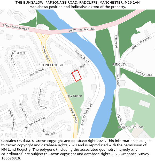 THE BUNGALOW, PARSONAGE ROAD, RADCLIFFE, MANCHESTER, M26 1AN: Location map and indicative extent of plot