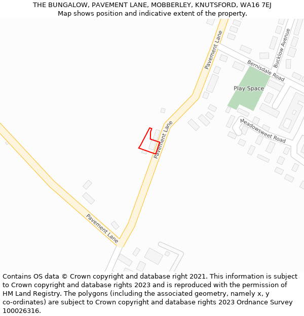 THE BUNGALOW, PAVEMENT LANE, MOBBERLEY, KNUTSFORD, WA16 7EJ: Location map and indicative extent of plot