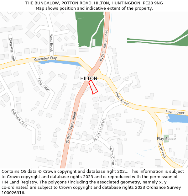 THE BUNGALOW, POTTON ROAD, HILTON, HUNTINGDON, PE28 9NG: Location map and indicative extent of plot
