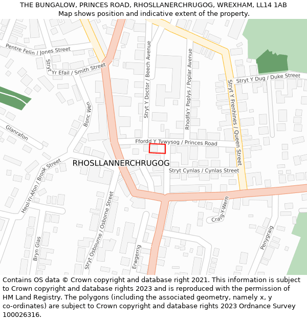 THE BUNGALOW, PRINCES ROAD, RHOSLLANERCHRUGOG, WREXHAM, LL14 1AB: Location map and indicative extent of plot