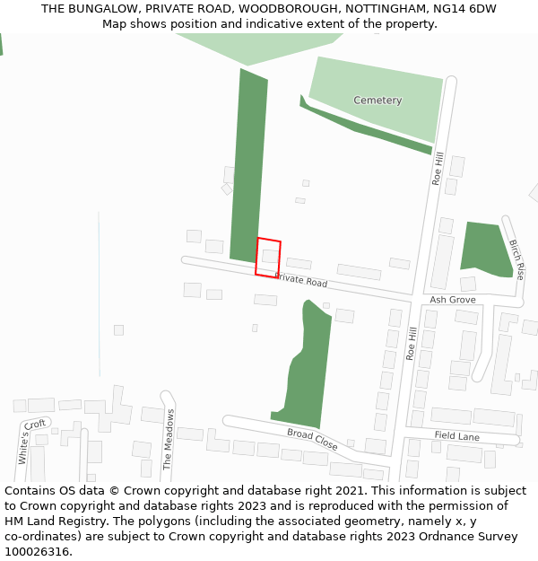 THE BUNGALOW, PRIVATE ROAD, WOODBOROUGH, NOTTINGHAM, NG14 6DW: Location map and indicative extent of plot