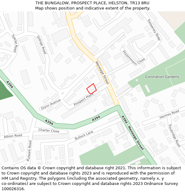 THE BUNGALOW, PROSPECT PLACE, HELSTON, TR13 8RU: Location map and indicative extent of plot