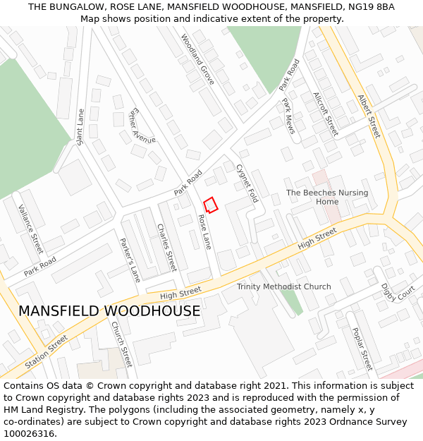 THE BUNGALOW, ROSE LANE, MANSFIELD WOODHOUSE, MANSFIELD, NG19 8BA: Location map and indicative extent of plot