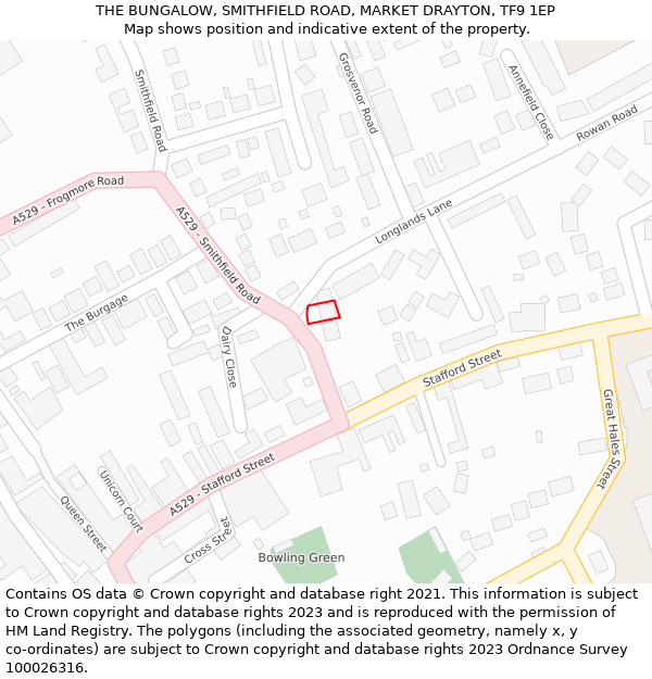 THE BUNGALOW, SMITHFIELD ROAD, MARKET DRAYTON, TF9 1EP: Location map and indicative extent of plot