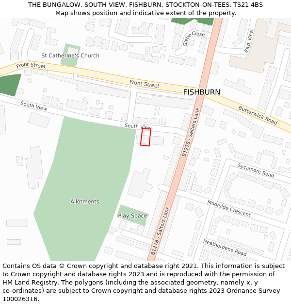 THE BUNGALOW, SOUTH VIEW, FISHBURN, STOCKTON-ON-TEES, TS21 4BS: Location map and indicative extent of plot