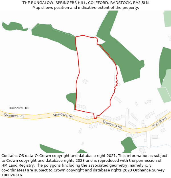 THE BUNGALOW, SPRINGERS HILL, COLEFORD, RADSTOCK, BA3 5LN: Location map and indicative extent of plot