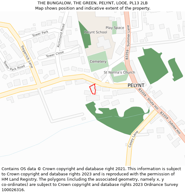 THE BUNGALOW, THE GREEN, PELYNT, LOOE, PL13 2LB: Location map and indicative extent of plot