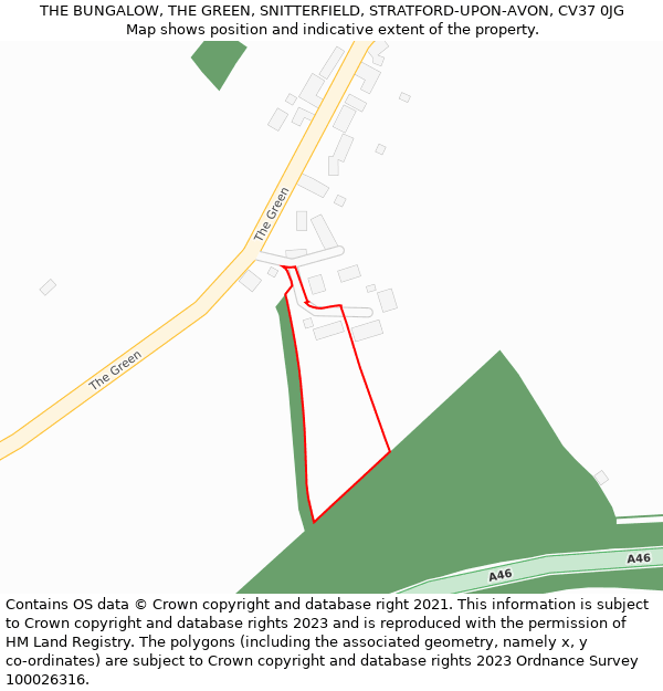 THE BUNGALOW, THE GREEN, SNITTERFIELD, STRATFORD-UPON-AVON, CV37 0JG: Location map and indicative extent of plot