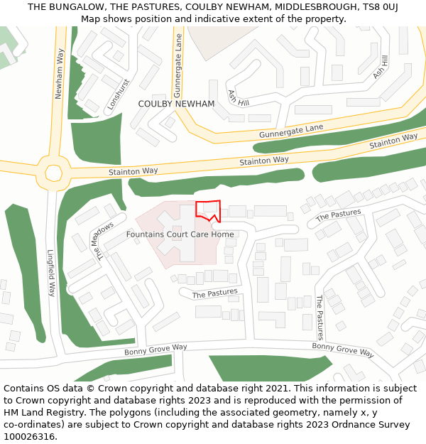 THE BUNGALOW, THE PASTURES, COULBY NEWHAM, MIDDLESBROUGH, TS8 0UJ: Location map and indicative extent of plot