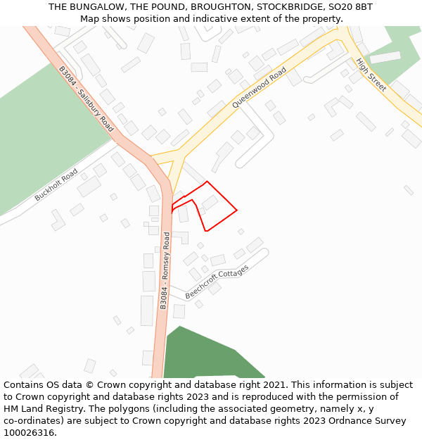 THE BUNGALOW, THE POUND, BROUGHTON, STOCKBRIDGE, SO20 8BT: Location map and indicative extent of plot