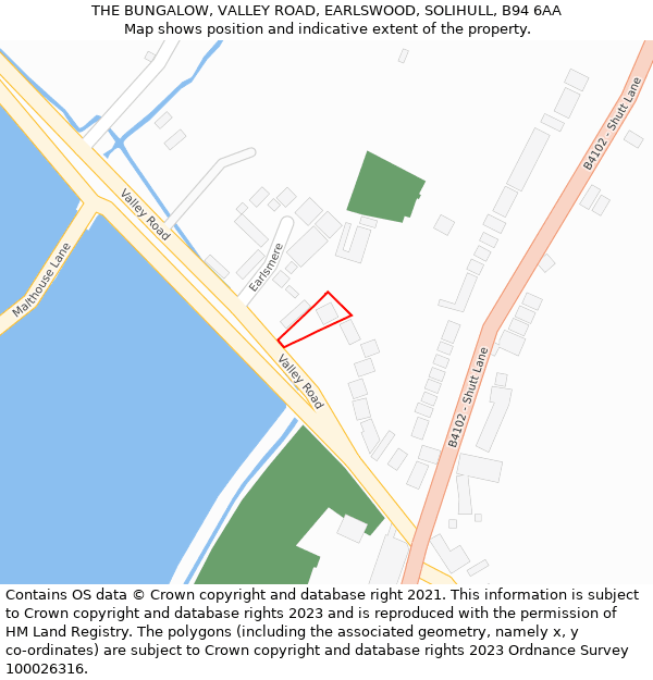 THE BUNGALOW, VALLEY ROAD, EARLSWOOD, SOLIHULL, B94 6AA: Location map and indicative extent of plot