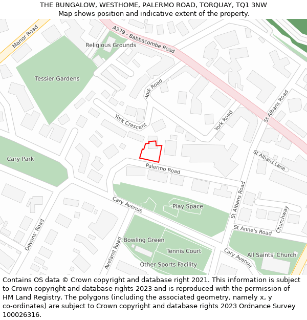 THE BUNGALOW, WESTHOME, PALERMO ROAD, TORQUAY, TQ1 3NW: Location map and indicative extent of plot