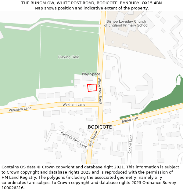 THE BUNGALOW, WHITE POST ROAD, BODICOTE, BANBURY, OX15 4BN: Location map and indicative extent of plot