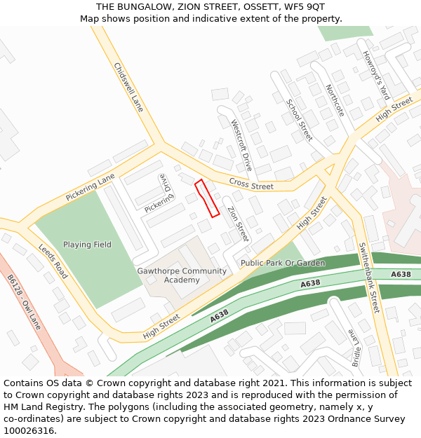 THE BUNGALOW, ZION STREET, OSSETT, WF5 9QT: Location map and indicative extent of plot