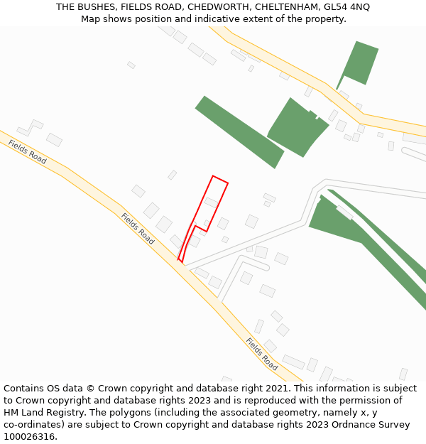 THE BUSHES, FIELDS ROAD, CHEDWORTH, CHELTENHAM, GL54 4NQ: Location map and indicative extent of plot