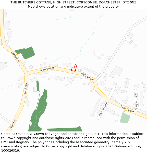 THE BUTCHERS COTTAGE, HIGH STREET, CORSCOMBE, DORCHESTER, DT2 0NZ: Location map and indicative extent of plot