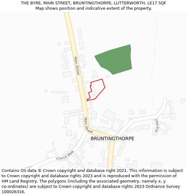 THE BYRE, MAIN STREET, BRUNTINGTHORPE, LUTTERWORTH, LE17 5QF: Location map and indicative extent of plot