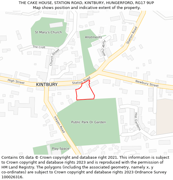 THE CAKE HOUSE, STATION ROAD, KINTBURY, HUNGERFORD, RG17 9UP: Location map and indicative extent of plot