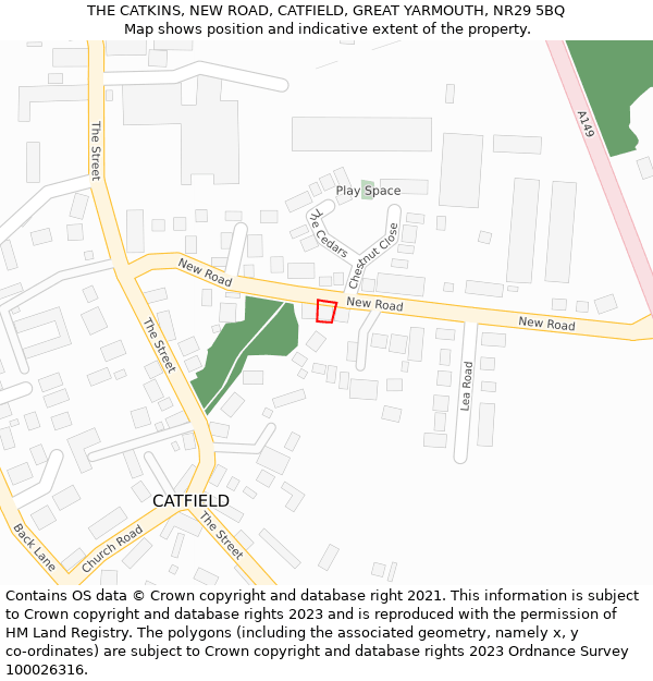 THE CATKINS, NEW ROAD, CATFIELD, GREAT YARMOUTH, NR29 5BQ: Location map and indicative extent of plot