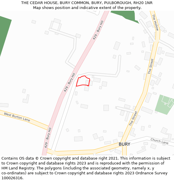 THE CEDAR HOUSE, BURY COMMON, BURY, PULBOROUGH, RH20 1NR: Location map and indicative extent of plot