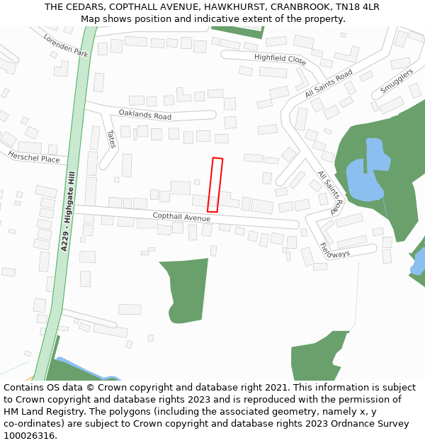 THE CEDARS, COPTHALL AVENUE, HAWKHURST, CRANBROOK, TN18 4LR: Location map and indicative extent of plot
