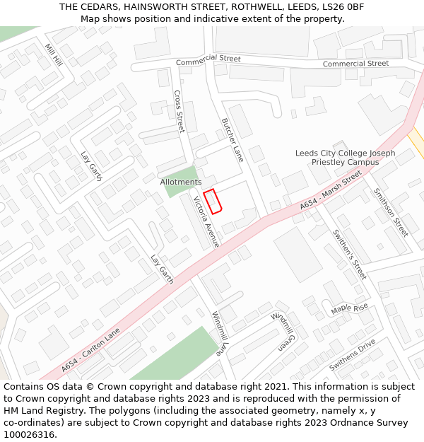 THE CEDARS, HAINSWORTH STREET, ROTHWELL, LEEDS, LS26 0BF: Location map and indicative extent of plot
