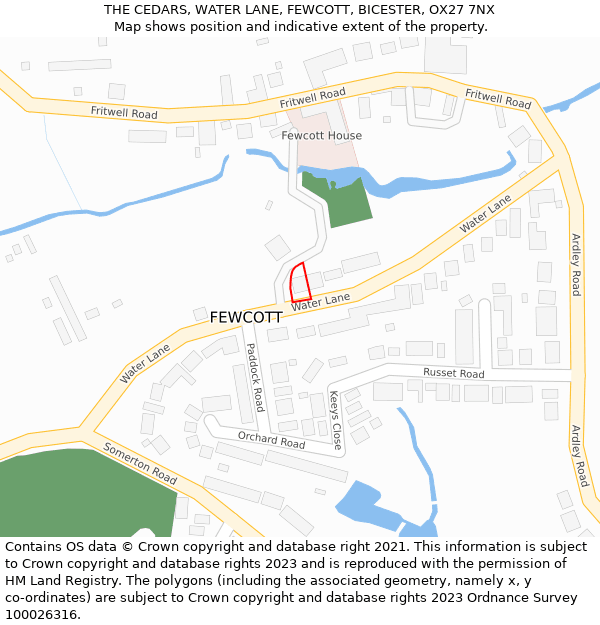 THE CEDARS, WATER LANE, FEWCOTT, BICESTER, OX27 7NX: Location map and indicative extent of plot