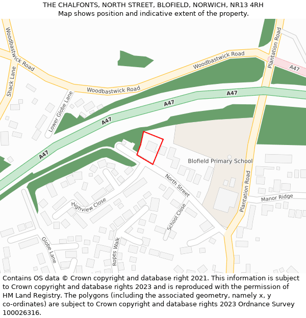 THE CHALFONTS, NORTH STREET, BLOFIELD, NORWICH, NR13 4RH: Location map and indicative extent of plot