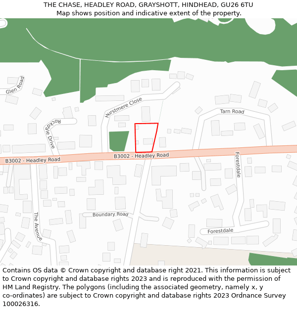 THE CHASE, HEADLEY ROAD, GRAYSHOTT, HINDHEAD, GU26 6TU: Location map and indicative extent of plot