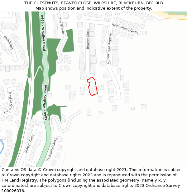 THE CHESTNUTS, BEAVER CLOSE, WILPSHIRE, BLACKBURN, BB1 9LB: Location map and indicative extent of plot