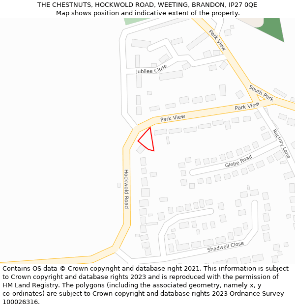THE CHESTNUTS, HOCKWOLD ROAD, WEETING, BRANDON, IP27 0QE: Location map and indicative extent of plot