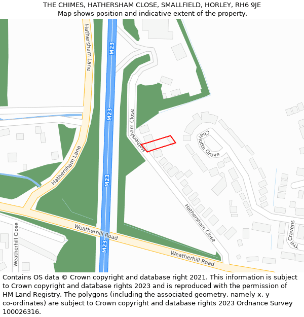 THE CHIMES, HATHERSHAM CLOSE, SMALLFIELD, HORLEY, RH6 9JE: Location map and indicative extent of plot