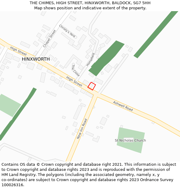 THE CHIMES, HIGH STREET, HINXWORTH, BALDOCK, SG7 5HH: Location map and indicative extent of plot