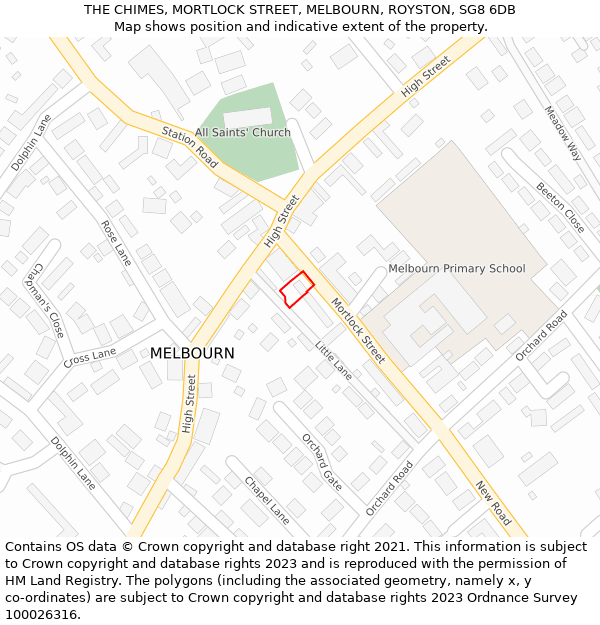 THE CHIMES, MORTLOCK STREET, MELBOURN, ROYSTON, SG8 6DB: Location map and indicative extent of plot