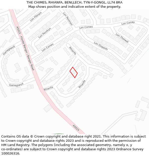 THE CHIMES, RHIANFA, BENLLECH, TYN-Y-GONGL, LL74 8RA: Location map and indicative extent of plot