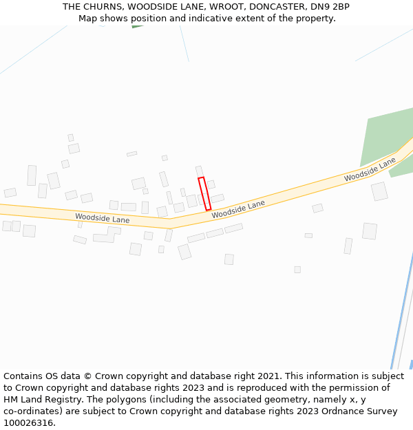 THE CHURNS, WOODSIDE LANE, WROOT, DONCASTER, DN9 2BP: Location map and indicative extent of plot