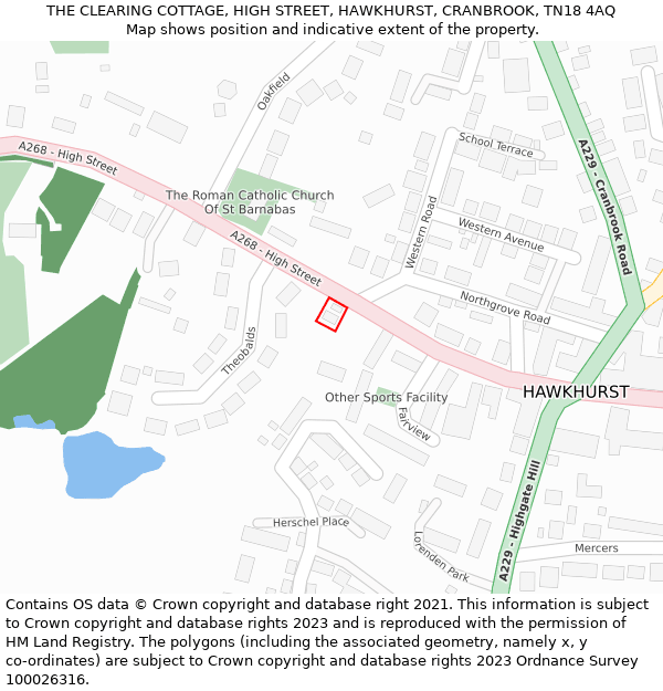 THE CLEARING COTTAGE, HIGH STREET, HAWKHURST, CRANBROOK, TN18 4AQ: Location map and indicative extent of plot