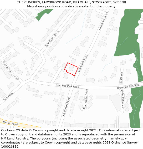 THE CLIVERIES, LADYBROOK ROAD, BRAMHALL, STOCKPORT, SK7 3NB: Location map and indicative extent of plot