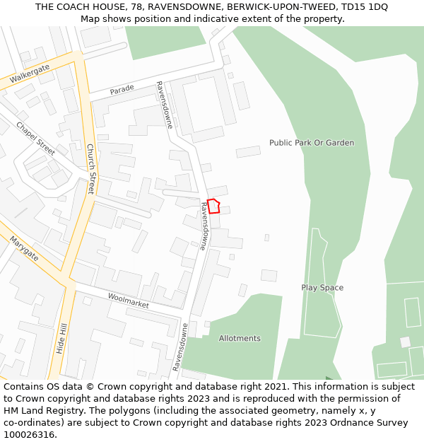THE COACH HOUSE, 78, RAVENSDOWNE, BERWICK-UPON-TWEED, TD15 1DQ: Location map and indicative extent of plot