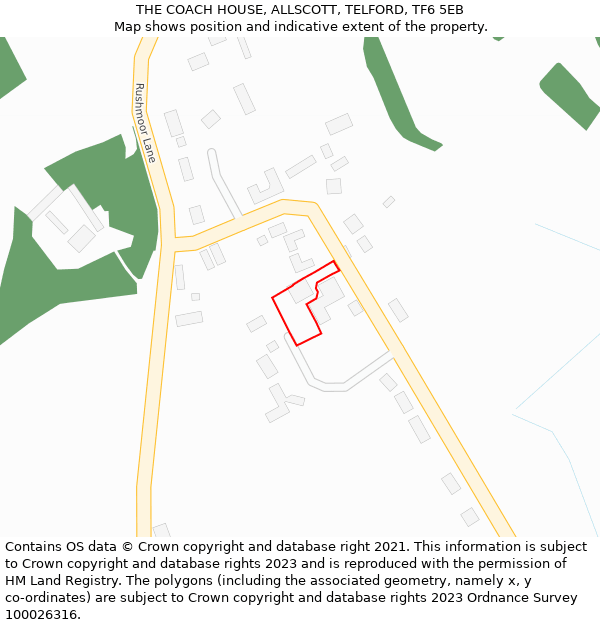 THE COACH HOUSE, ALLSCOTT, TELFORD, TF6 5EB: Location map and indicative extent of plot