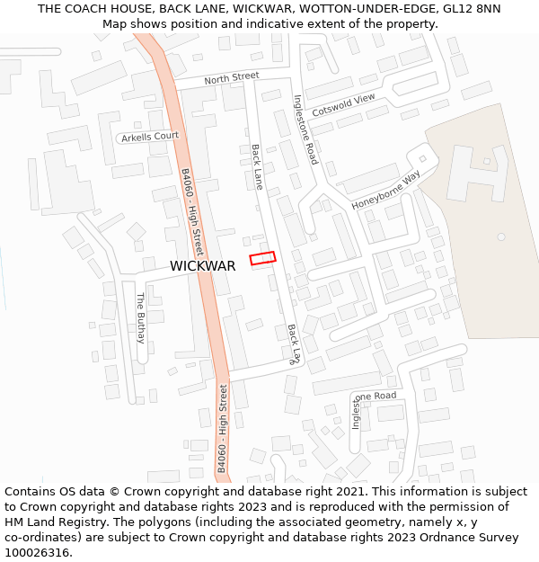 THE COACH HOUSE, BACK LANE, WICKWAR, WOTTON-UNDER-EDGE, GL12 8NN: Location map and indicative extent of plot
