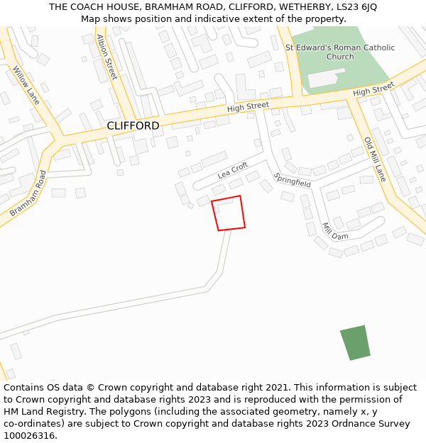 THE COACH HOUSE, BRAMHAM ROAD, CLIFFORD, WETHERBY, LS23 6JQ: Location map and indicative extent of plot